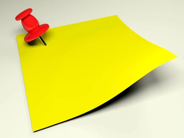 Červený Připínáček Vloží Žlutého Papíru Všimněte Prázdný Bez Jakékoliv Zápis — Stock fotografie