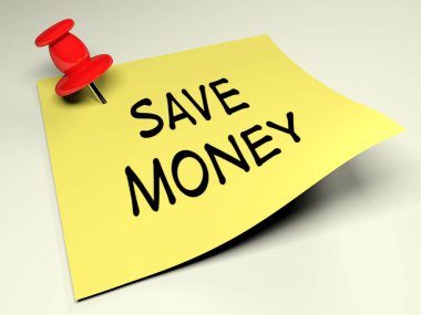 Sarı bir yazı kırmızı bir iğne ile beyaz bir duvar bağlı olduğu ve yazma tasarruf - 3d render resimde var