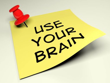Sarı bir yazı kırmızı bir iğne ile beyaz bir duvar bağlı olduğu ve yazma kullanım Your Brain - 3d render resimde var