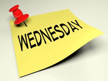 Sarı bir yazı kırmızı bir iğne ile beyaz bir duvar bağlı olduğu ve yazma Çarşamba - 3d render resimde var