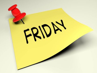 Sarı bir yazı kırmızı bir iğne ile beyaz bir duvar bağlı olduğu ve yazma Cuma - 3d render resimde var