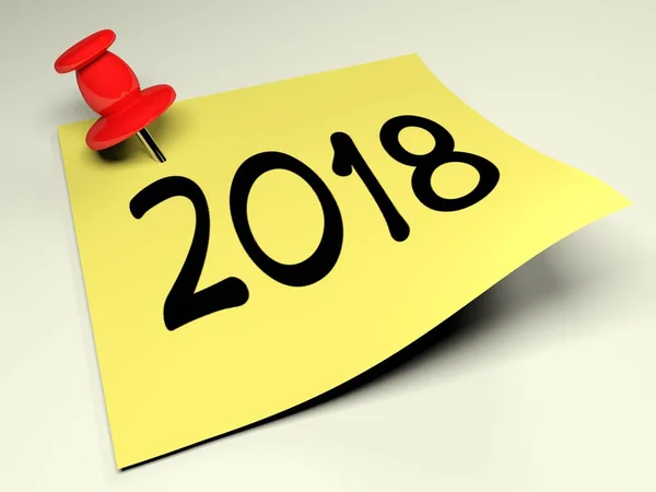 Yellow Post Attached White Wall Red Pin Has Write 2018 — Stock Photo, Image