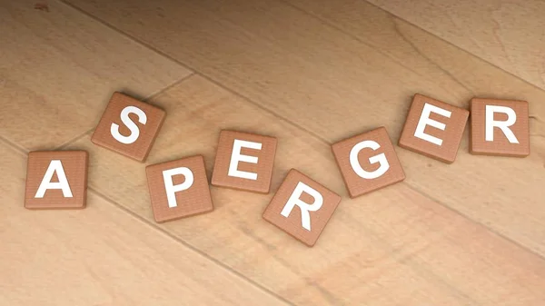 The write ASPERGER, written on wooden tags laying over a wooden glossy surface - 3D rendering illustration