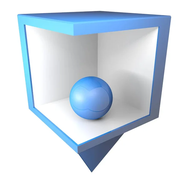 一个蓝色定位盒 里面有白色的内部侧面和蓝色光滑的球体 在白色背景上隔离 3D渲染插图 — 图库照片