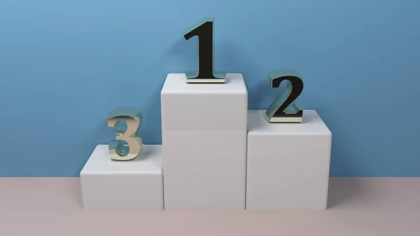 A white podium for first, second and third position - position sites are empty.The podium is on a pink floor, at a blue wall - 3D rendering illustration