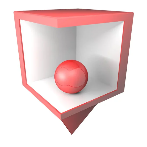一个红色定位盒 里面有白色的内部侧面和蓝色光滑的球体 在白色背景上隔离 3D渲染插图 — 图库照片