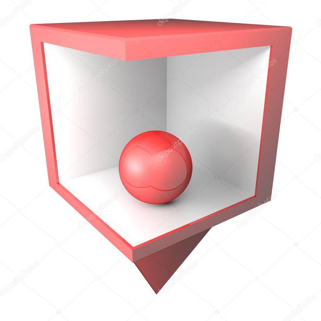 A red positioning box, with white internal sides and a blue glossy sphere inside,  isolated on white background - 3D rendering illustration