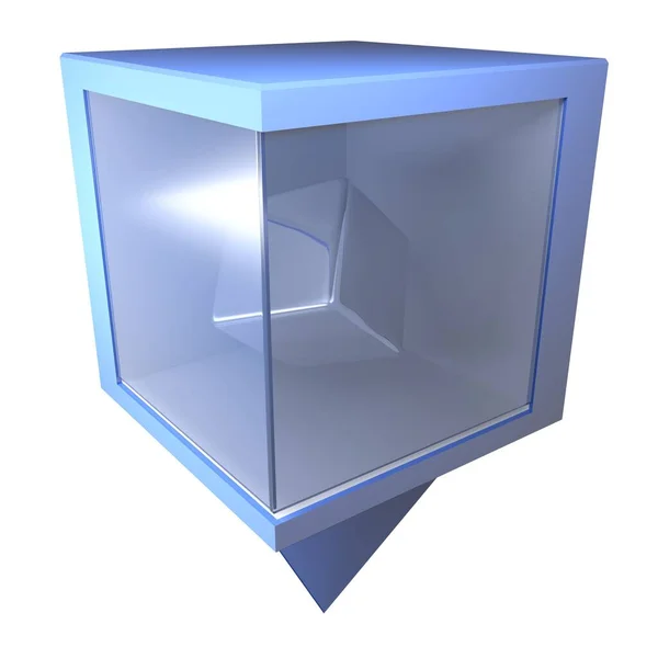一个蓝色定位盒 在白色背景上 内有一个旋转的金属立方体 3D渲染插图 — 图库照片