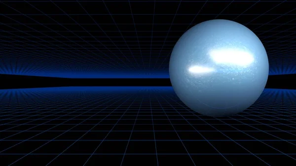 Una Esfera Brillante Azul Está Sobre Fondo Negro Con Rejilla — Foto de Stock