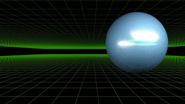 Una Esfera Brillante Azul Está Sobre Fondo Negro Con Rejilla — Foto de Stock