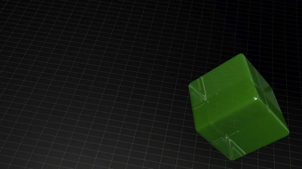 Cube Verre Vert Sur Fond Noir Avec Grille Bleue Prend — Photo