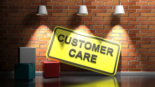 Κίτρινη Πινακίδα Write Customer Care Ακουμπισμένη Τοίχο Από Κόκκινα Τούβλα — Φωτογραφία Αρχείου