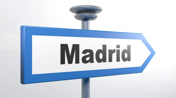 Letrero Flecha Calle Azul Blanca Para Madrid Espana Aislado Sobre — Foto de Stock