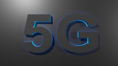 Siyah bir zemin üzerinde mavi arkaplan ışığıyla siyah harflerle 5g yaz - üç boyutlu resimleme