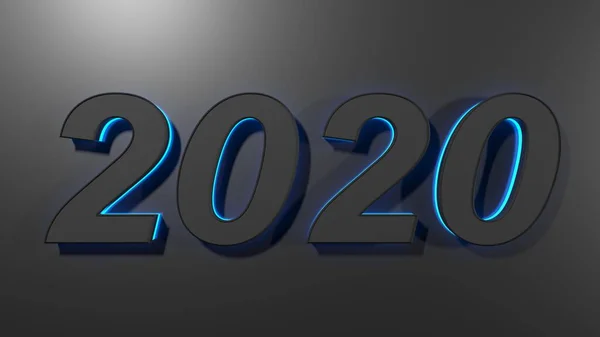 用黑色数字写2020 蓝色背光 在光滑的黑色表面上 3D渲染插图 — 图库照片
