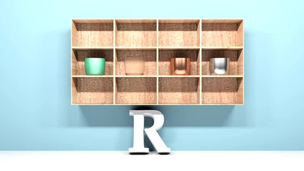 A wooden modern shelf with modern design vases, hanging at a blue wall. A white R stands at the white floor - 3D rendering illustration