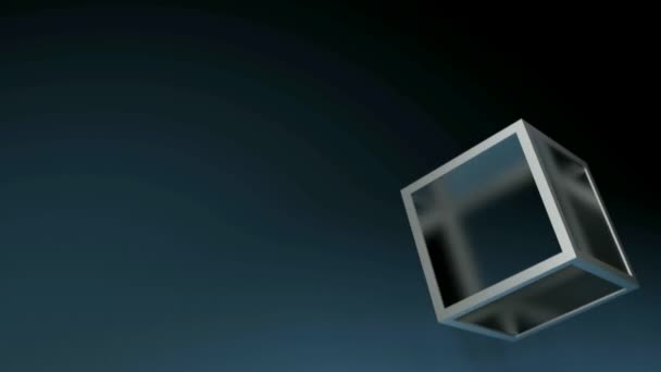 Куб Прозрачными Стеклянными Гранями Металлической Хромированной Структурой Темно Синем Фоне — стоковое видео