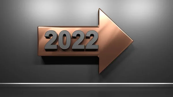 2022年の書き込みで 右方向に金属サテン銅矢印 黒光沢のある壁に 3Dレンダリングイラスト — ストック写真
