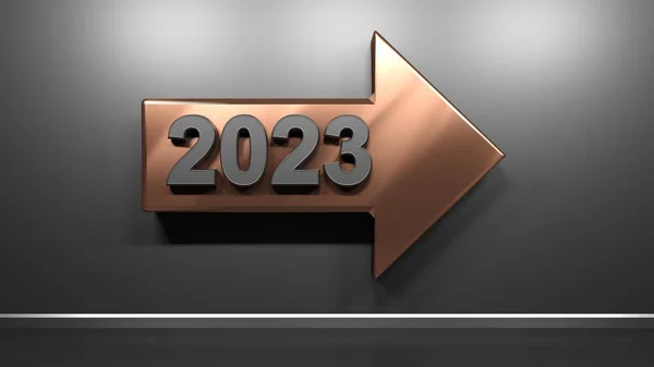 2023年の書き込みで 右方向に金属サテン銅の矢印は 黒光沢のある壁に 3Dレンダリングイラスト — ストック写真