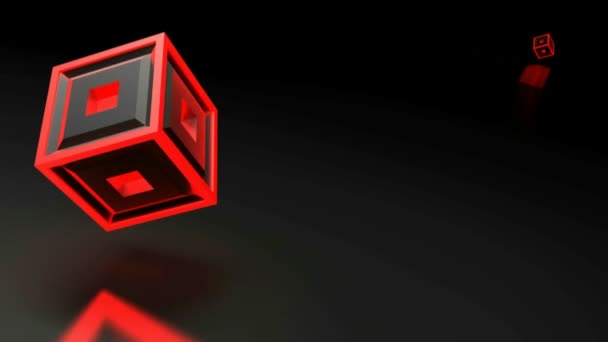 赤い照明構造の黒い立方体が赤い表面を回転しています 3Dレンダリングビデオクリップ — ストック動画