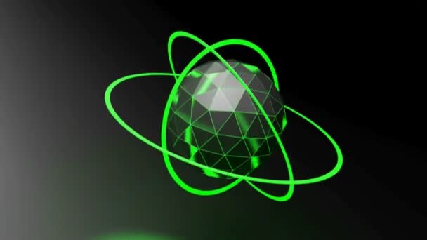 右下隅に緑の光の境界線と緑の光のリングを持つ多面的な黒い球を持つ抽象的な未来的な背景 3Dレンダリングビデオクリップ — ストック動画