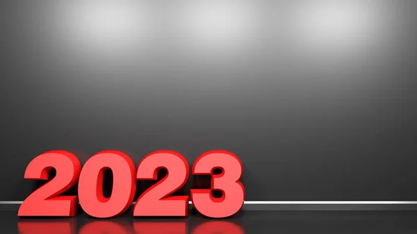Write 2023 Rode Tekens Staan Een Zwarte Glanzende Vloer Een — Stockfoto