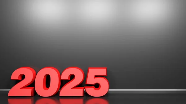Write 2025 Rode Tekens Staan Een Zwarte Glanzende Vloer Een — Stockfoto