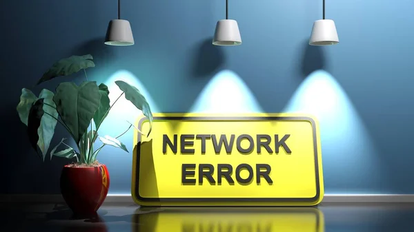 Cartello Giallo Con Scritta Network Error Una Parete Blu Illuminata — Foto Stock