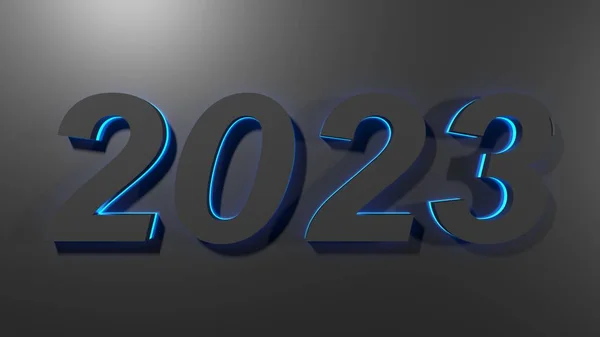 Het Schrijven 2023 Zwarte Cijfers Met Blauw Achtergrondlicht Een Zwart — Stockfoto