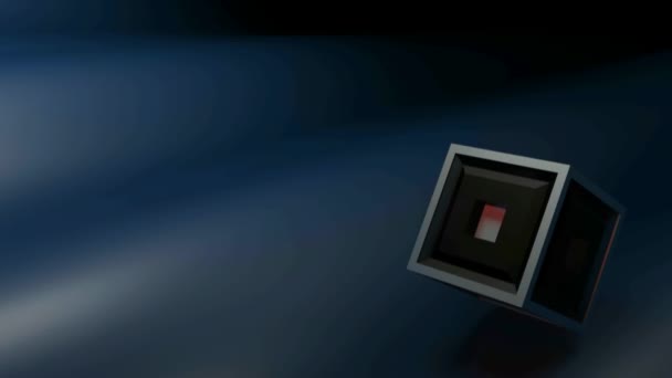 Un cube ayant une structure bleue et des faces en verre transparent tourne sur une surface d'ondulation bleu foncé illustration de rendu 3D 