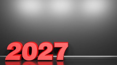 Kırmızı bir duvarda siyah parlak bir zeminde duran kırmızı karakterlerle 2027 yazısı- 3D resimleme
