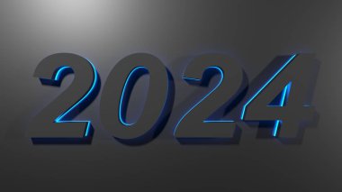 Siyah arkaplan ışığıyla, siyah bir yüzey üzerinde siyah basamaklı 2024 yazımı - 3 boyutlu resimleme