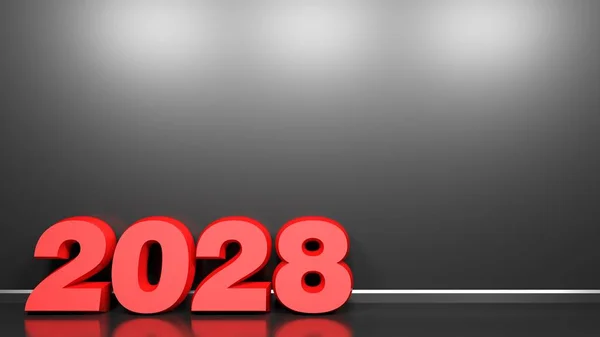 Write 2028 Rode Tekens Staan Een Zwarte Glanzende Vloer Een — Stockfoto