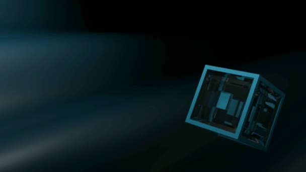 Cube with blue structure and glass transparent faces rotating over a blue waving surface - 3D rendering video clip — Stock Video