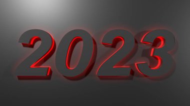 Siyah parmaklarla 2023 yazımı, kırmızı arka ışık ile, siyah bir yüzey üzerinde - 3 boyutlu resimleme