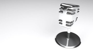 Beyaz bir yüzeyde duran eski tarz metalik krom bir mikrofon - 3 boyutlu resimleme