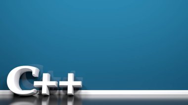 C + + yaz, siyah parlak bir zeminde duran, mavi bir duvarda - 3D resimleme