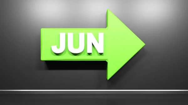 右边的绿色箭头 写着Jun 在黑色光滑的背景上 3D渲染插图 — 图库照片