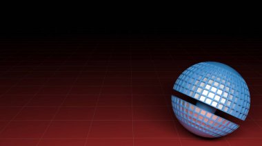 Metalik kare yüzeyi olan mavi bir küre kırmızı bir zeminde, karanlığa doğru yöneliyor.