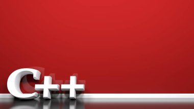 C + + yaz, siyah parlak bir zeminde duran, kırmızı bir duvarda - 3D resimleme