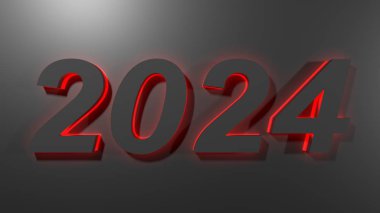 Siyah basamaklı, kırmızı arka lambalı, siyah bir yüzey üzerinde 2024 yazımı - 3 boyutlu resimleme