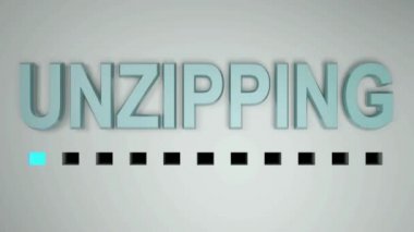 Beyaz arkaplanda mavi harflerle UNZIPPING yazma, kırmızı noktalı ilerleme çubuğu - 3D resimleme