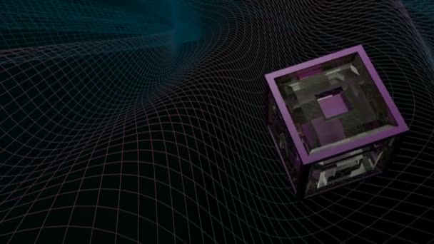 紫色の立方体構造が黒の背景に手を振ってカラフルなグリッド上を回転します 3Dレンダリングイラスト — ストック動画