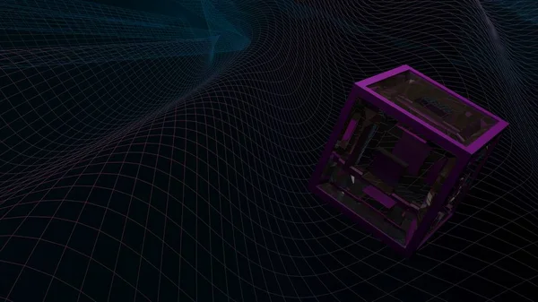 purple cubic structure rotating over a colorful waving grid - 3D rendering illustration