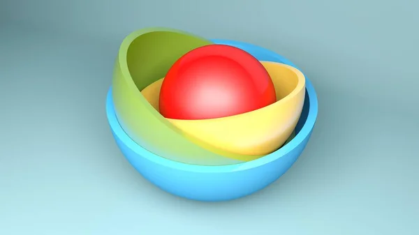 Abstract colored hemispheres and a red sphere inside of all - 3D rendering illustration