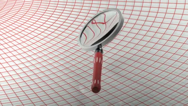 Magnifier Red Handle Passing White Background Red Curved Grid Rendering — Stok video