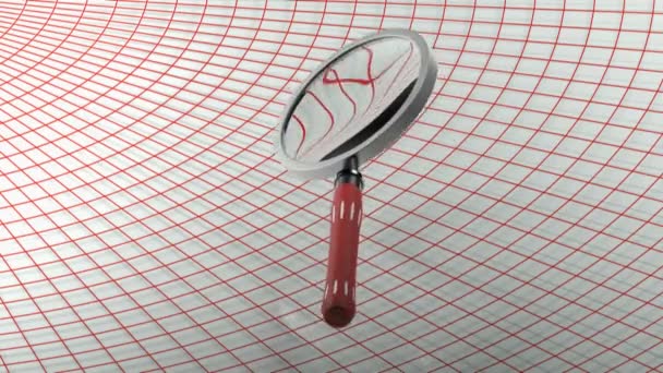 Magnifier Red Handle Passing White Background Red Curved Grid Rendering — Αρχείο Βίντεο