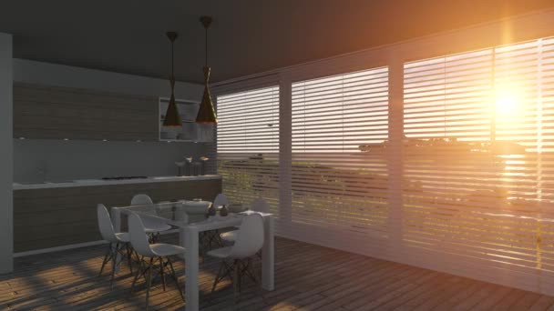Cozinha com persianas abrindo em uma paisagem do mar por do sol — Vídeo de Stock