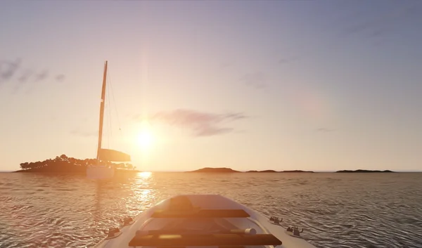 Coucher de soleil scène de mer avec des bateaux — Photo