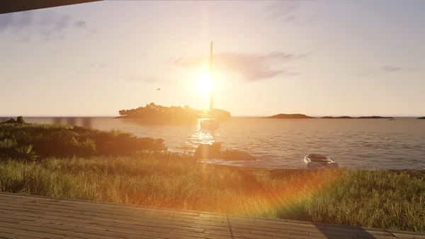 Coucher de soleil scène de mer avec des bateaux — Photo